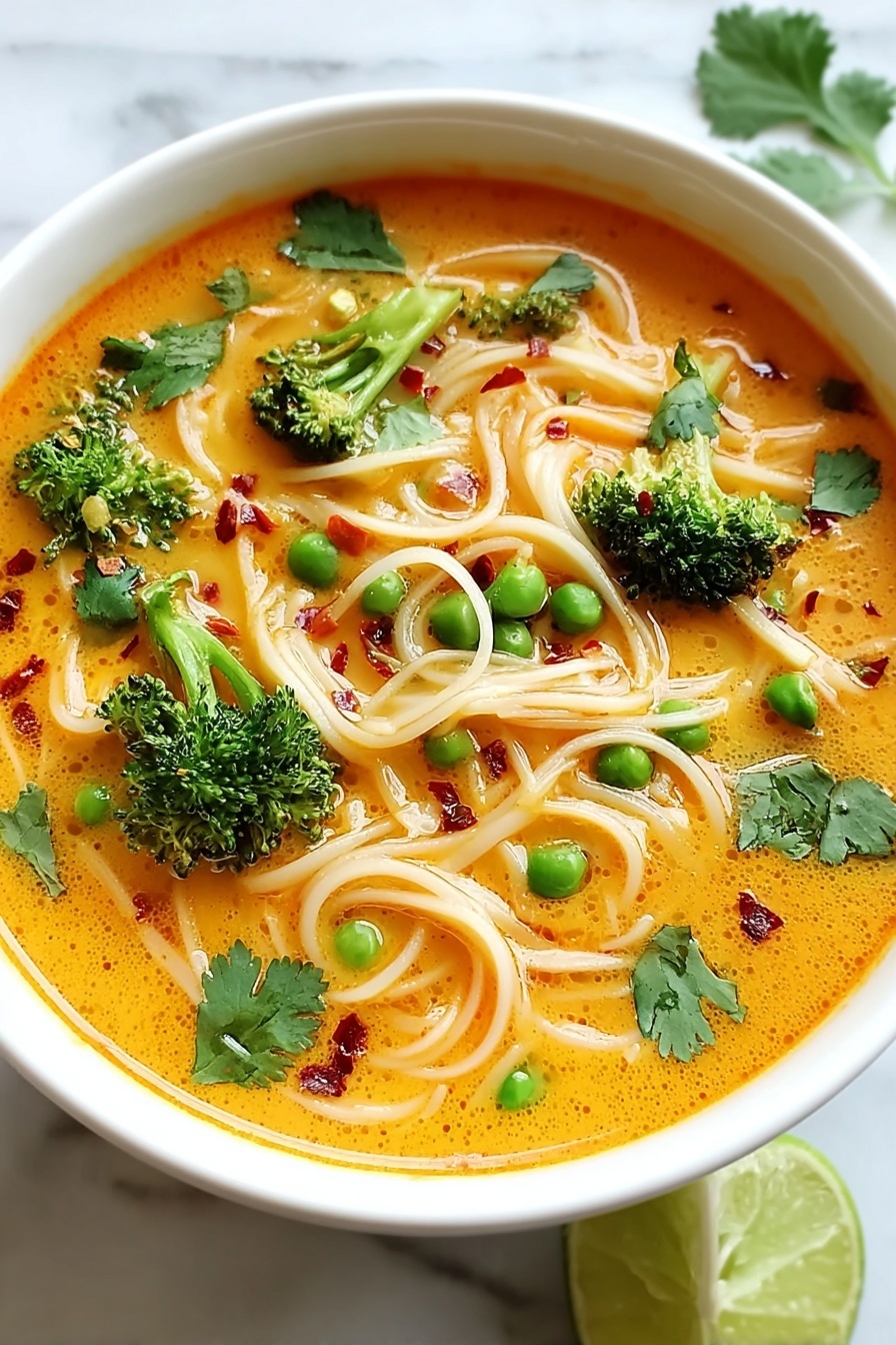 A bowl of spicy Thai curry noodle soup.