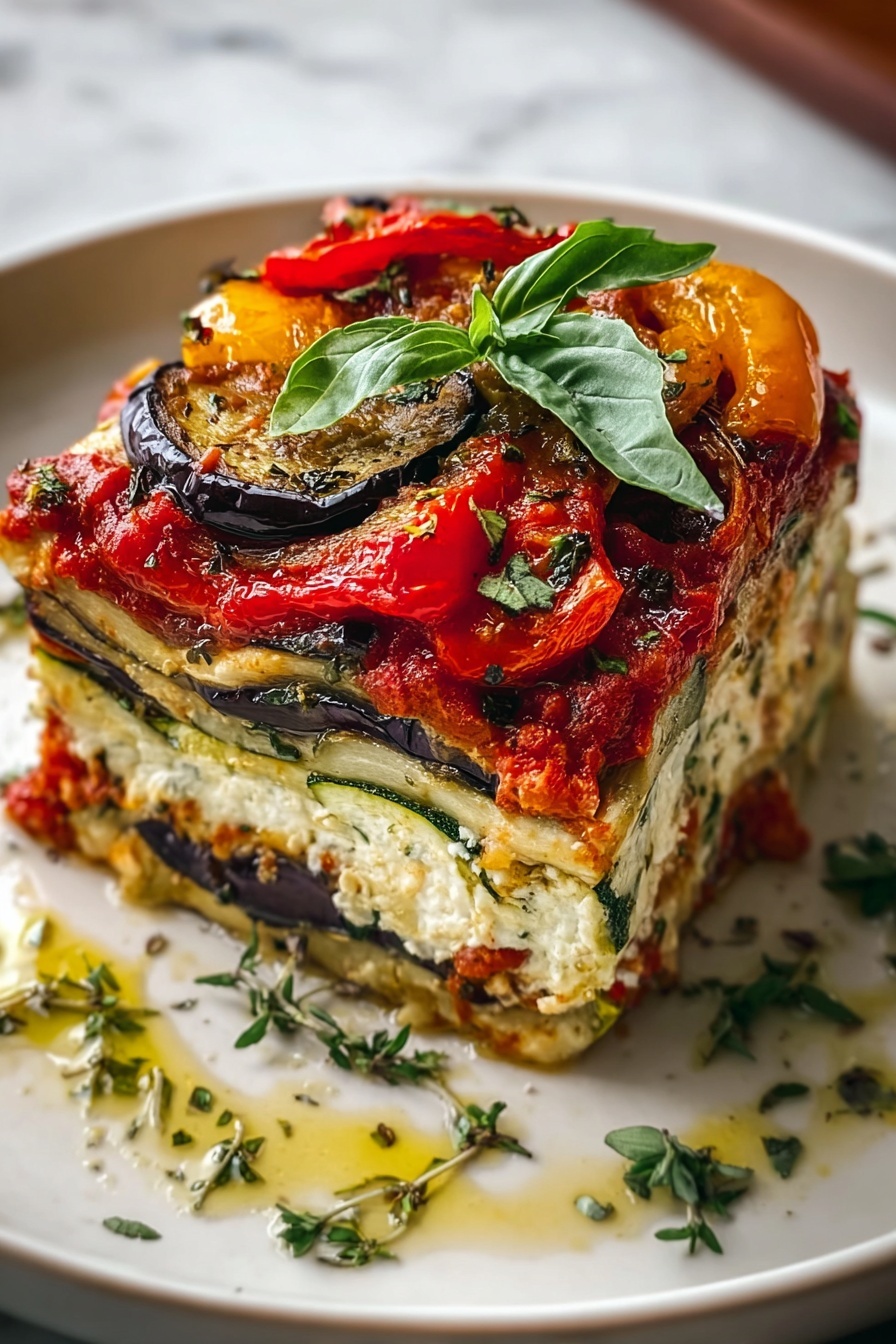 A layered vegetable lasagna with tomatoes, zucchini, and basil.