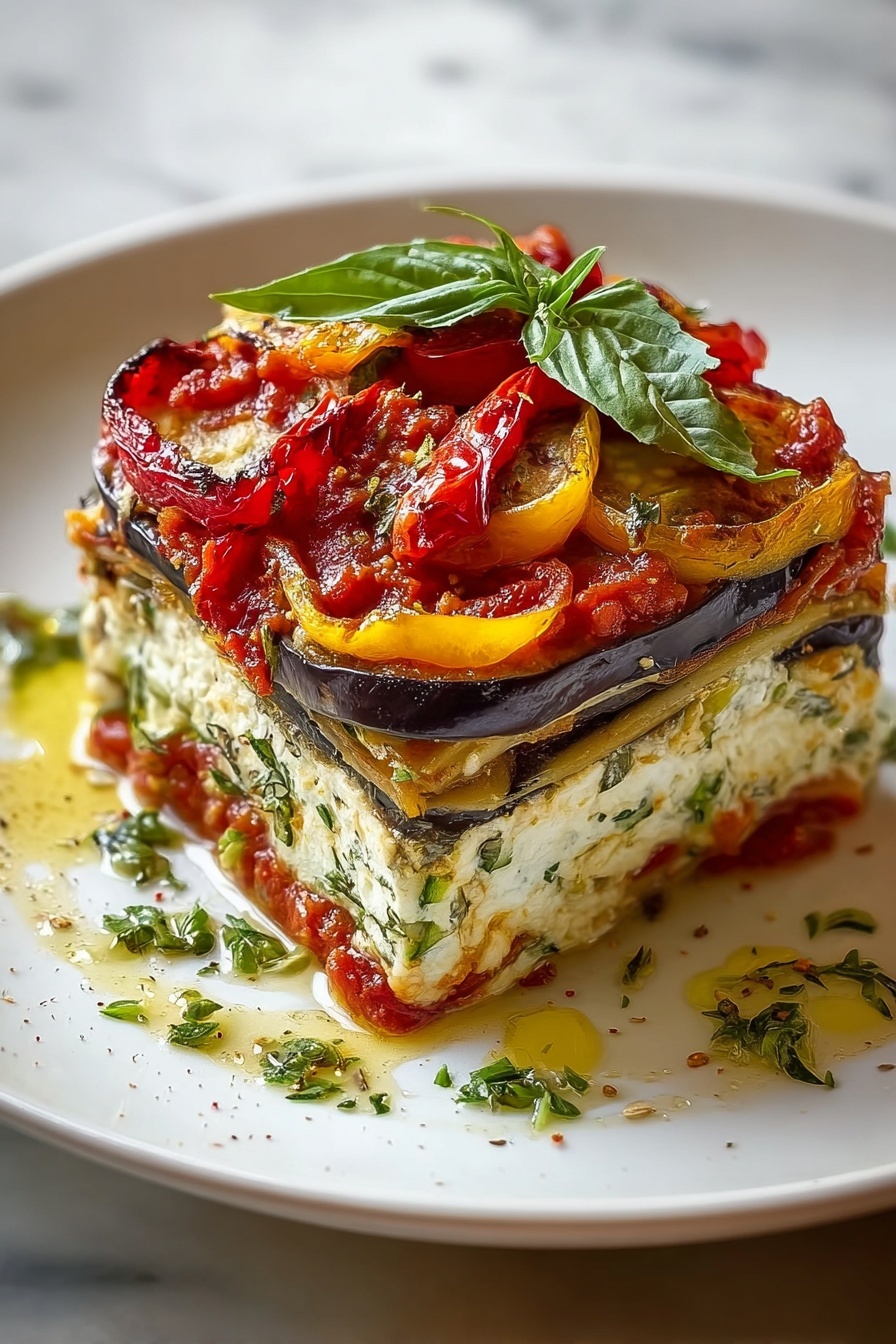 A layered vegetable lasagna with tomatoes, basil, and cheese.
