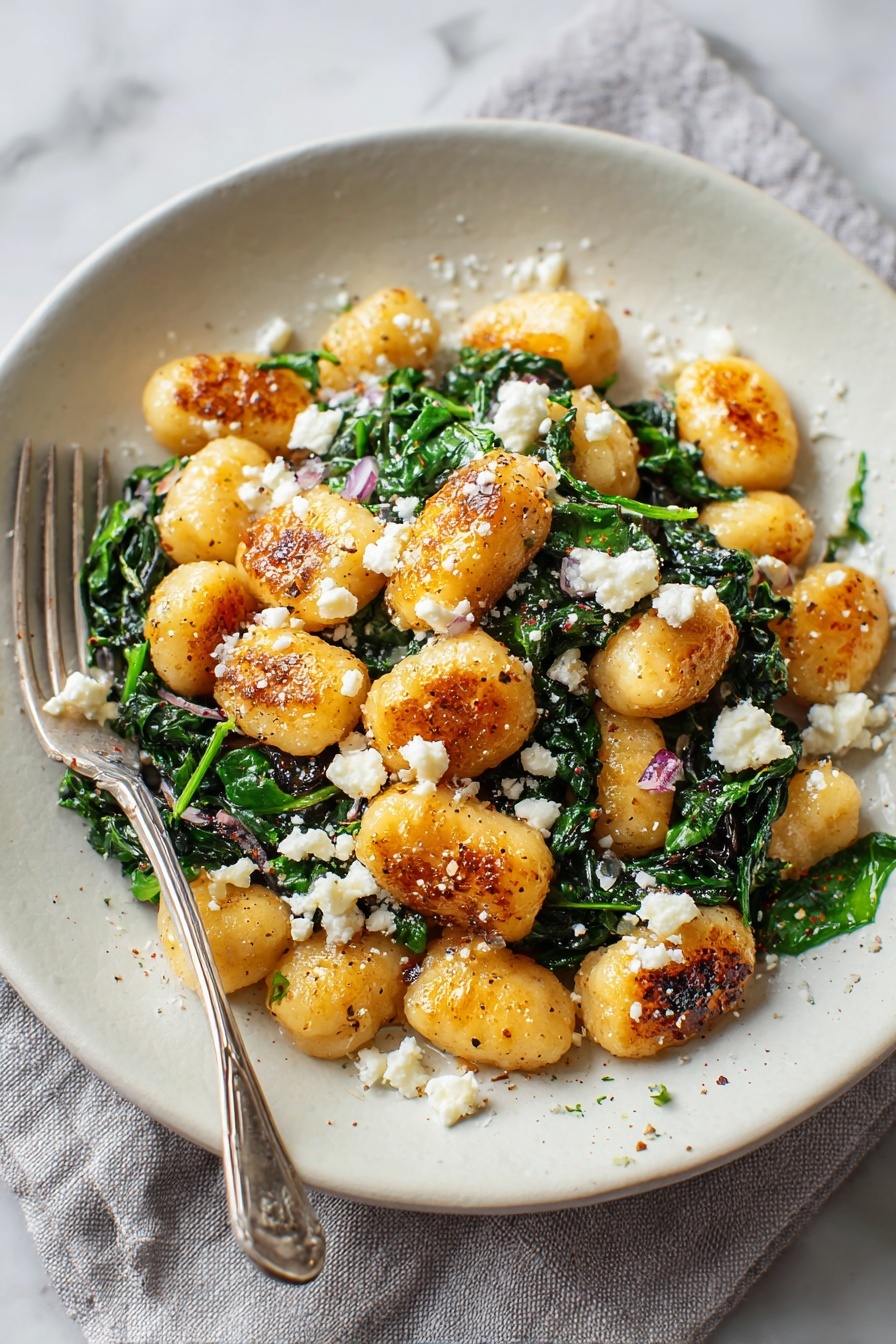 A plate of crispy gnocchi with spinach and feta.