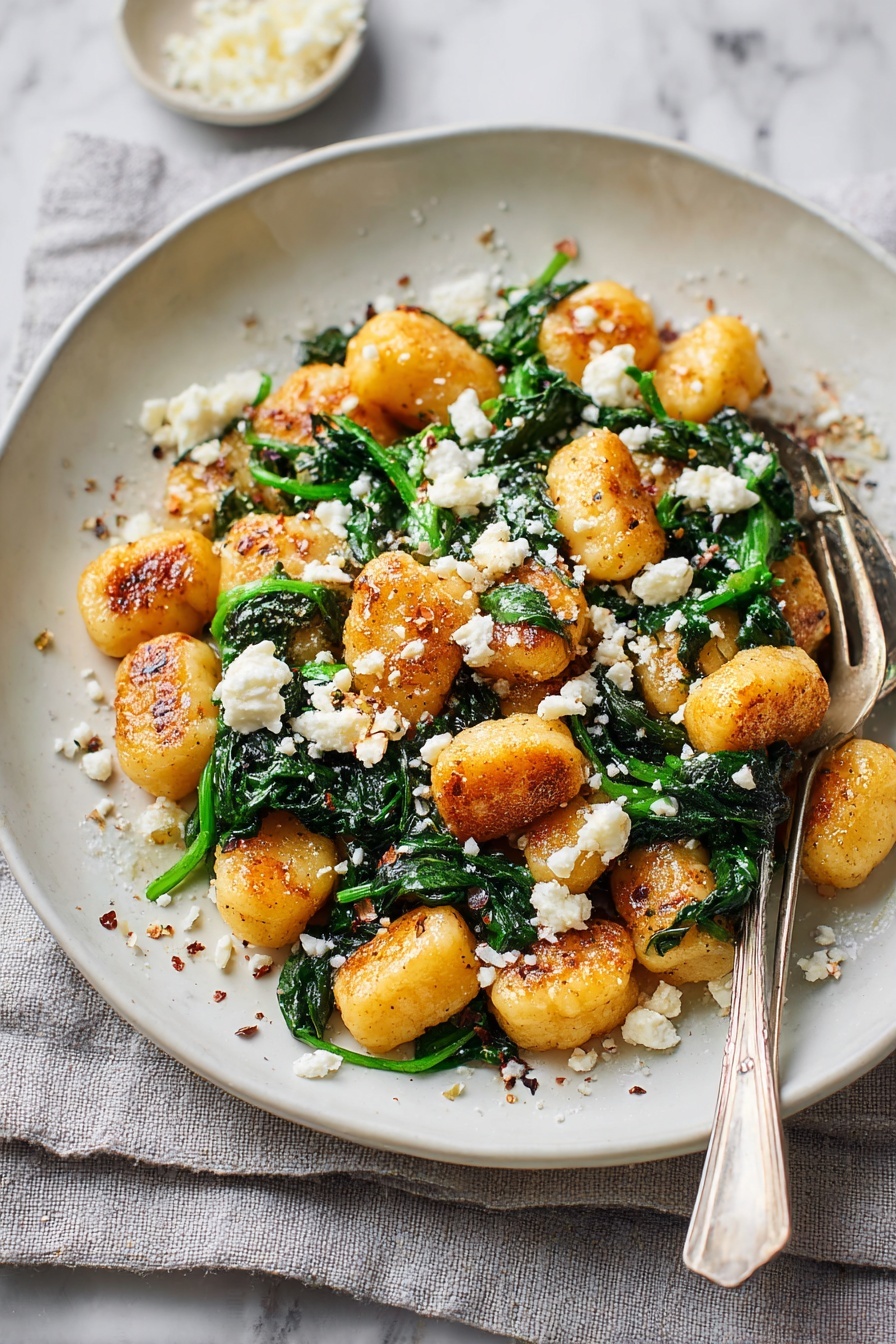 A plate of crispy gnocchi with spinach and feta.