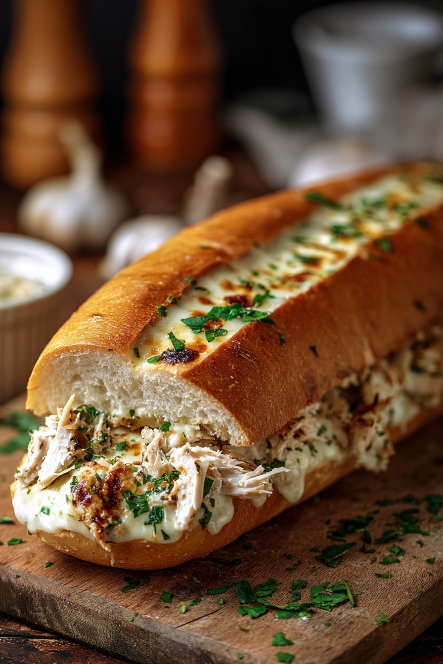 A cheesy chicken garlic bread sandwich.