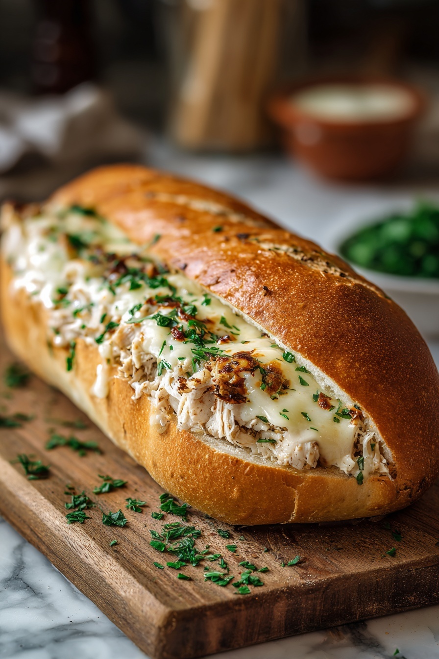 A cheesy chicken garlic bread sandwich.