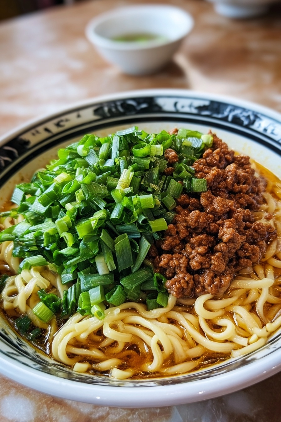 A bowl of noodles with meat and vegetables.