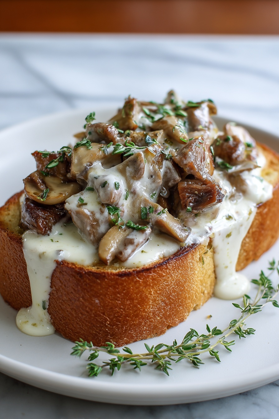 A slice of French bread toast with mushrooms and cheese.