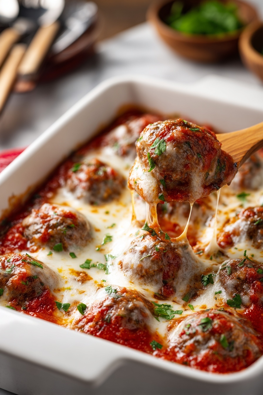 A close up of a delicious meatball casserole.