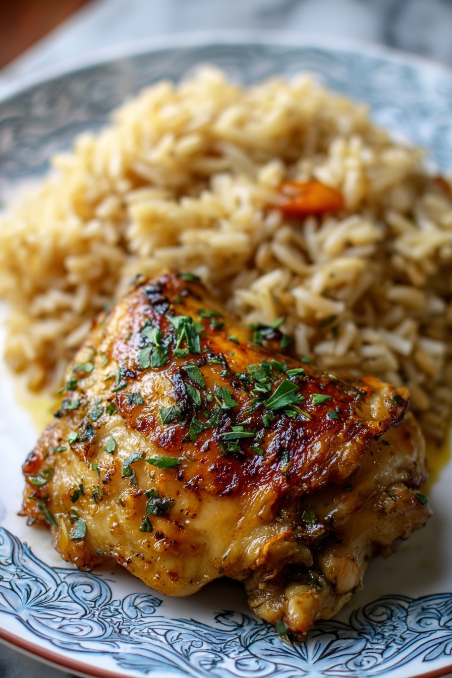 A plate of smothered chicken and rice.