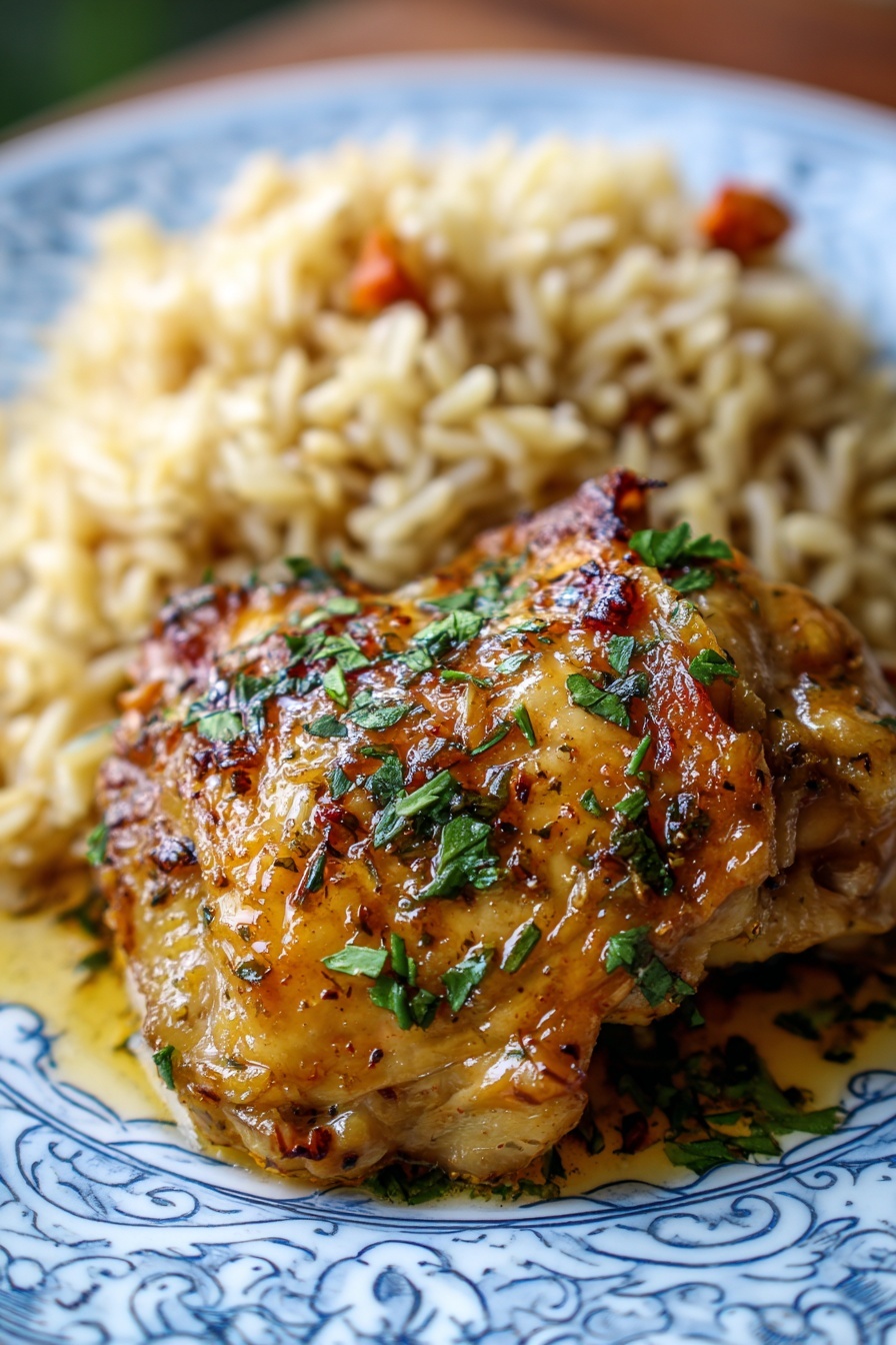 A plate of smothered chicken with rice and vegetables.