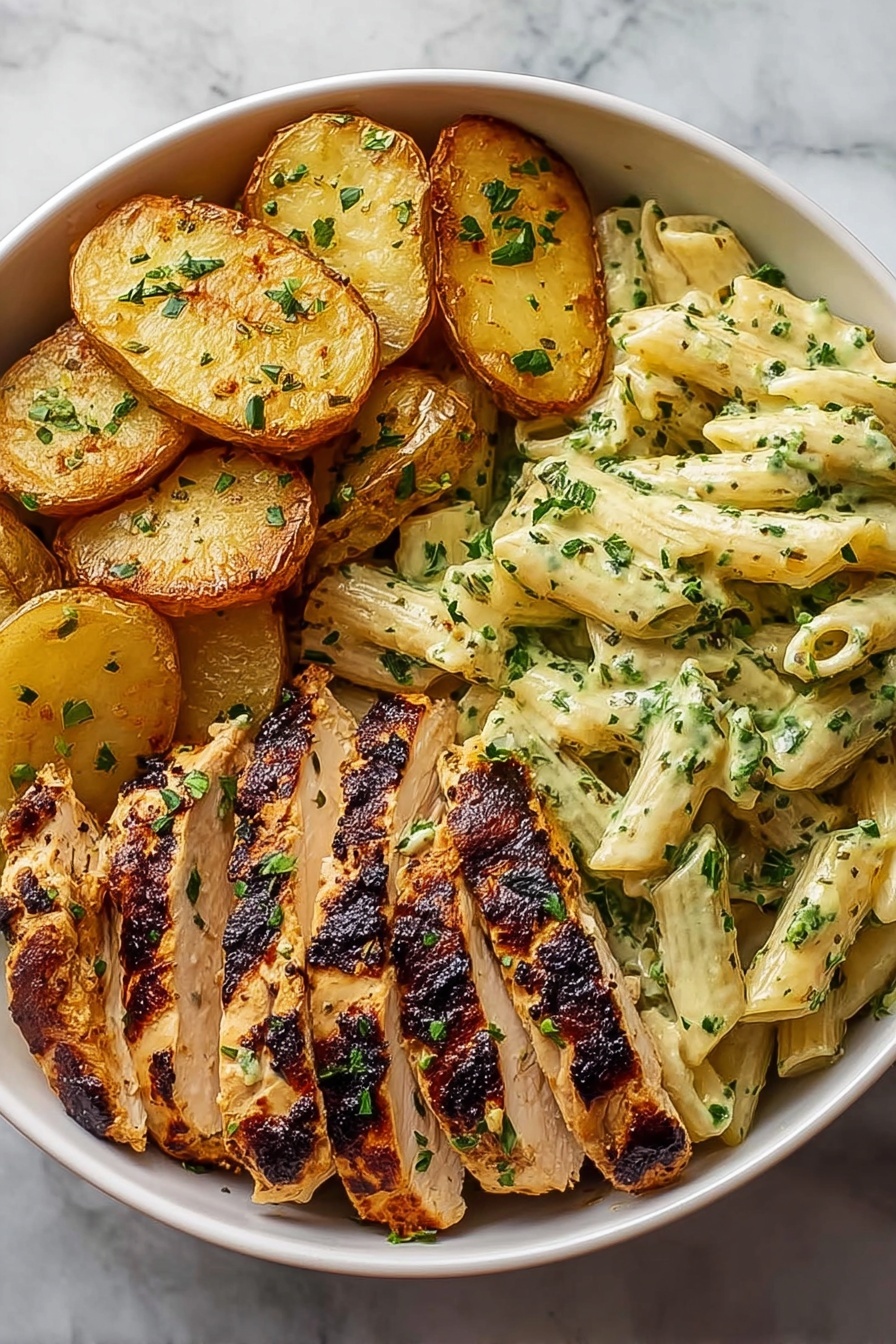 A bowl of food with chicken, potatoes, and pasta.