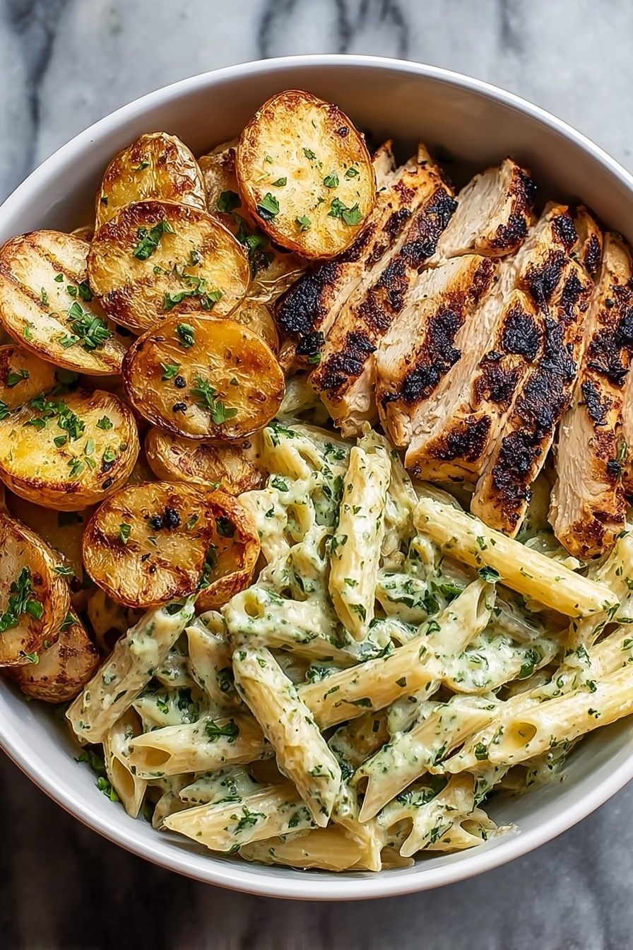 A bowl of food with chicken, potatoes, and pasta.
