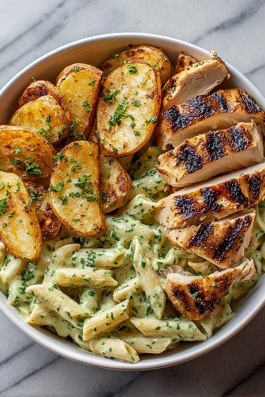 A bowl of food with chicken, potatoes, and herbs.