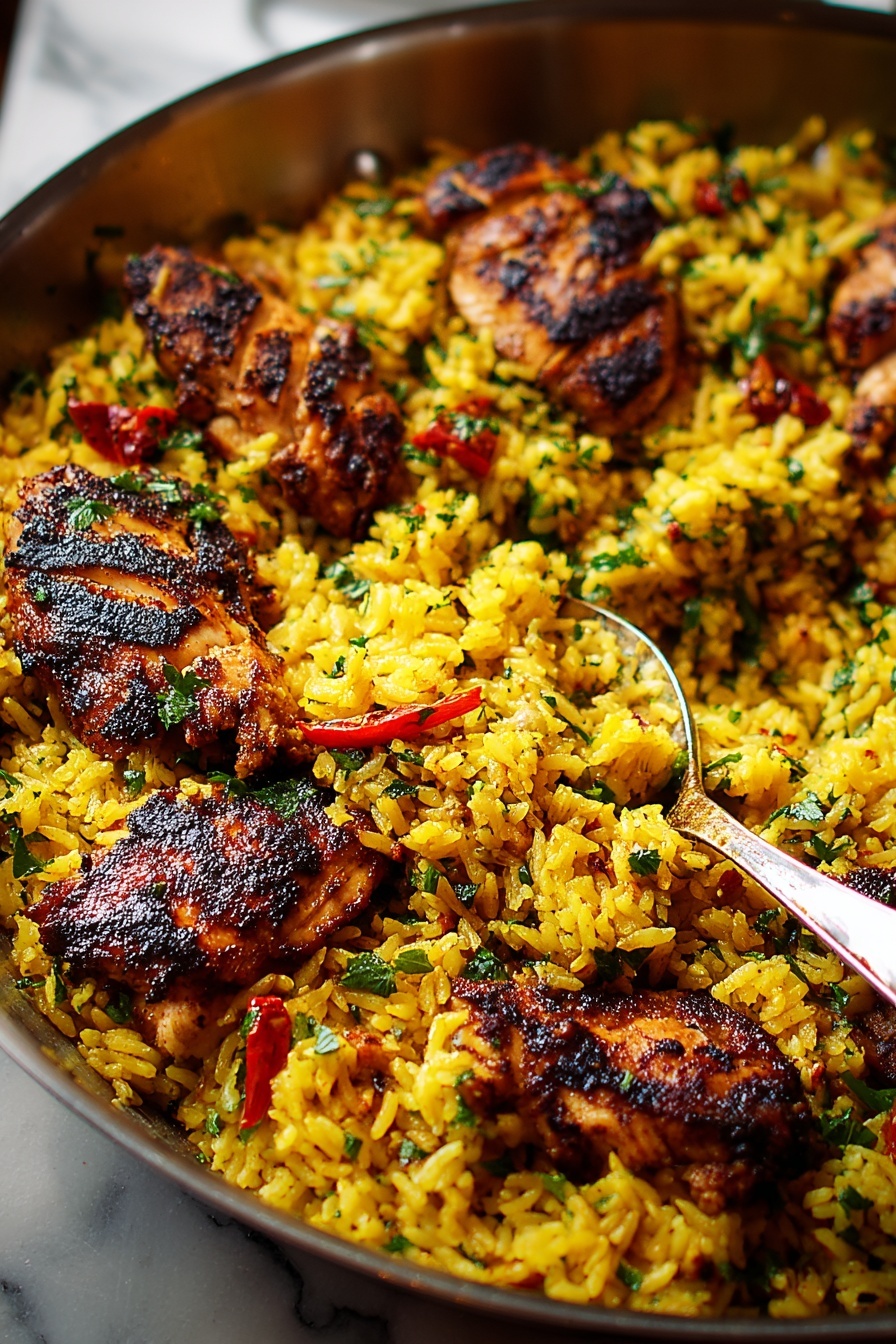 A bowl of Persian-style chicken pilaf.