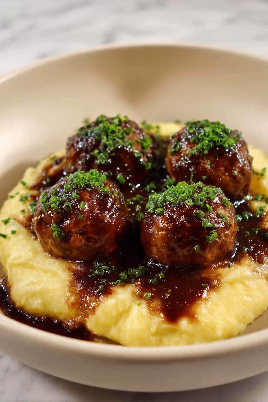 Meatballs covered in gravy on a plate.