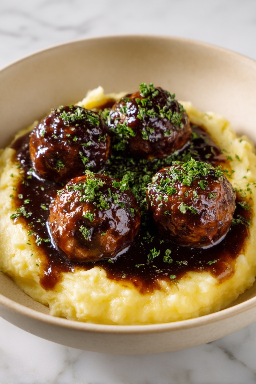 A bowl of meatballs with gravy.