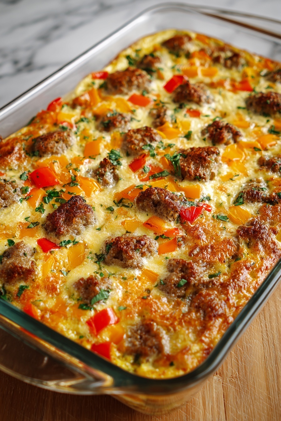 A pan of Italian sausage and pepper casserole.