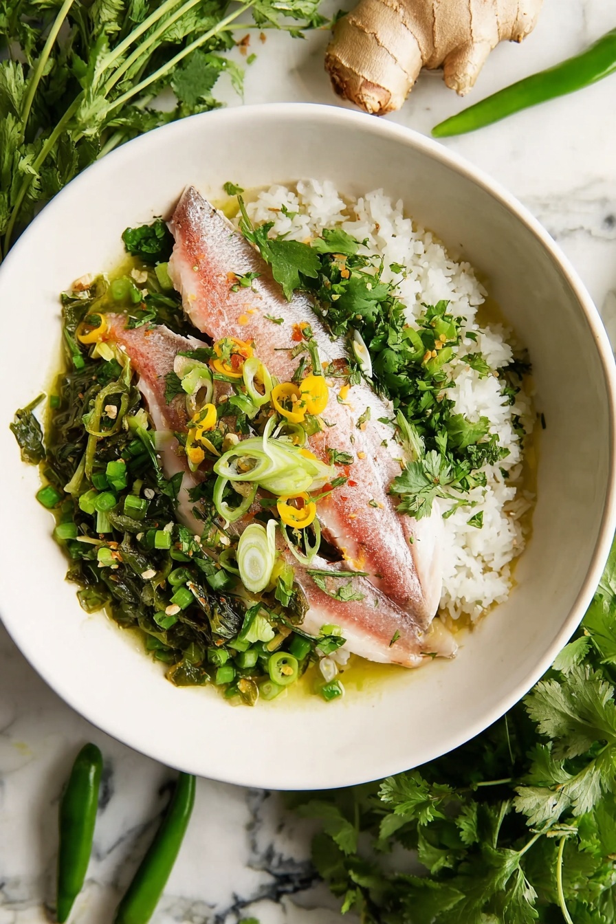 A bowl of food with fish and vegetables.