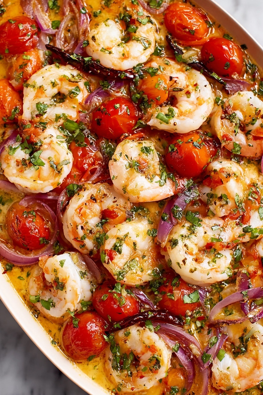 A dish of shrimp and tomatoes.