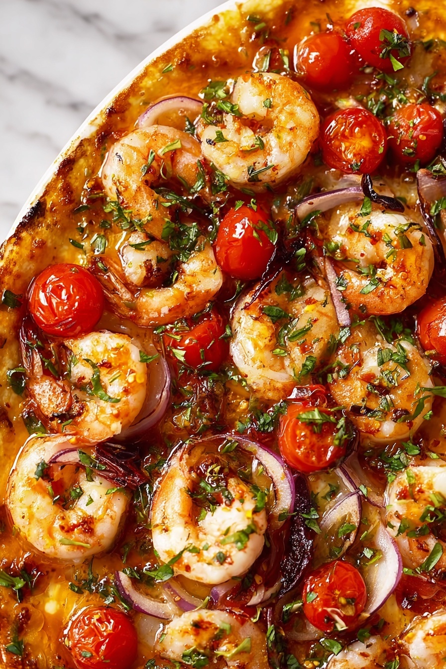 A dish of shrimp with tomatoes and onions.