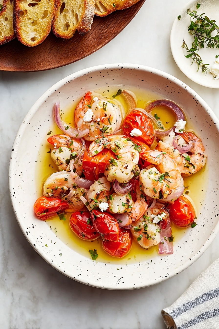 A bowl of shrimp with tomatoes and onions.