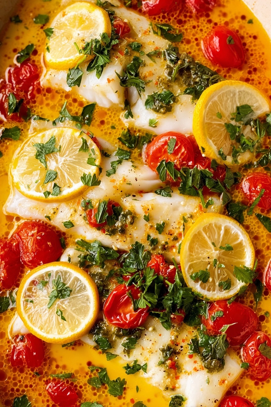 A dish of fish with tomatoes and lemon slices.
