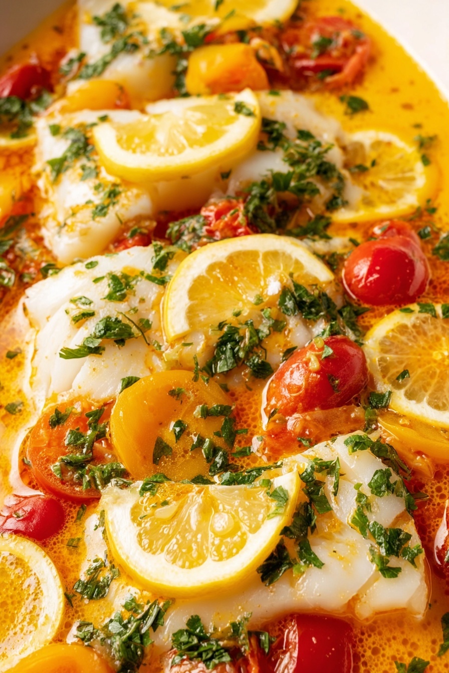 A dish of seafood with lemon slices and tomatoes.