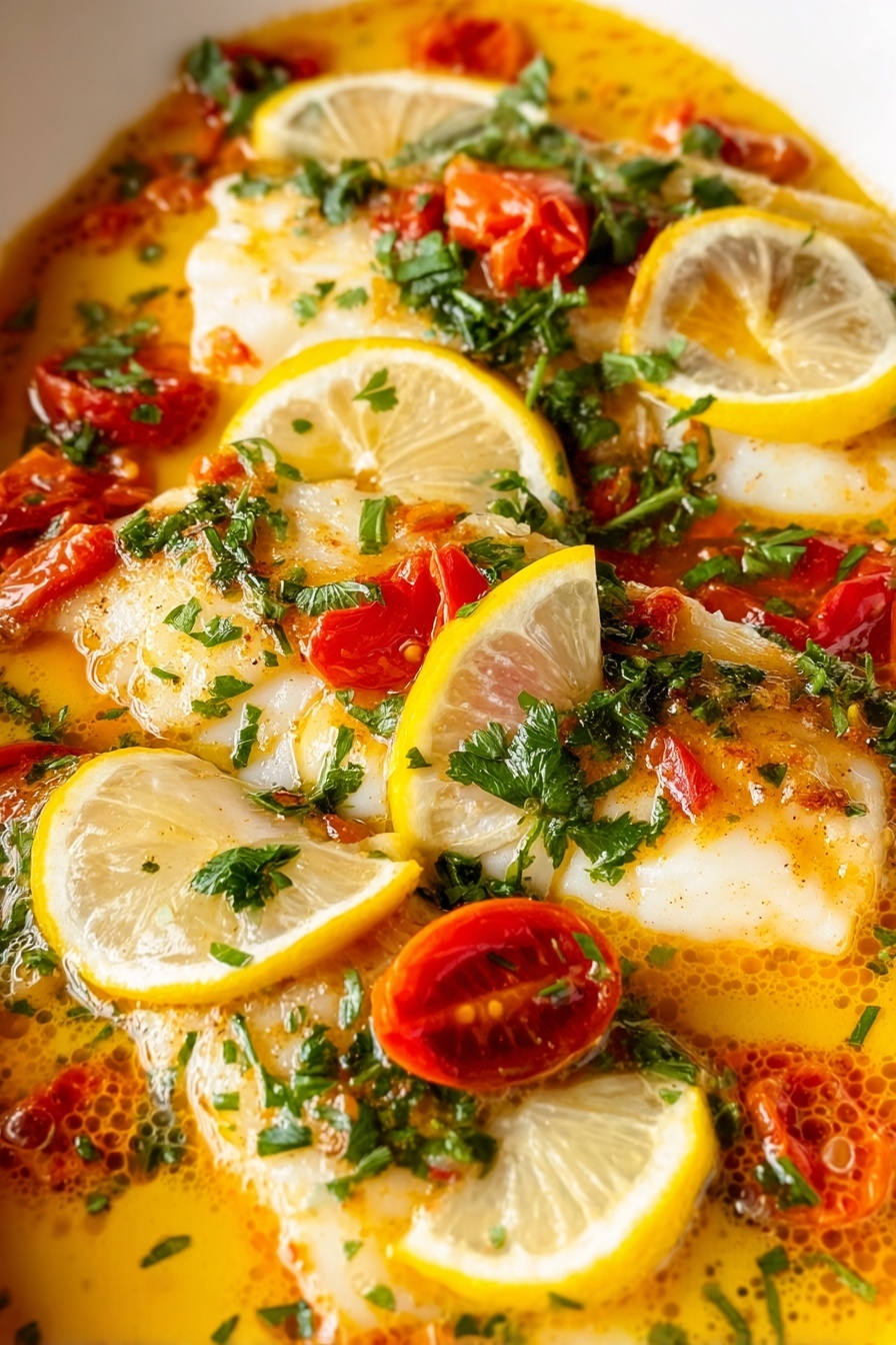 A dish of fish with lemon and tomatoes.