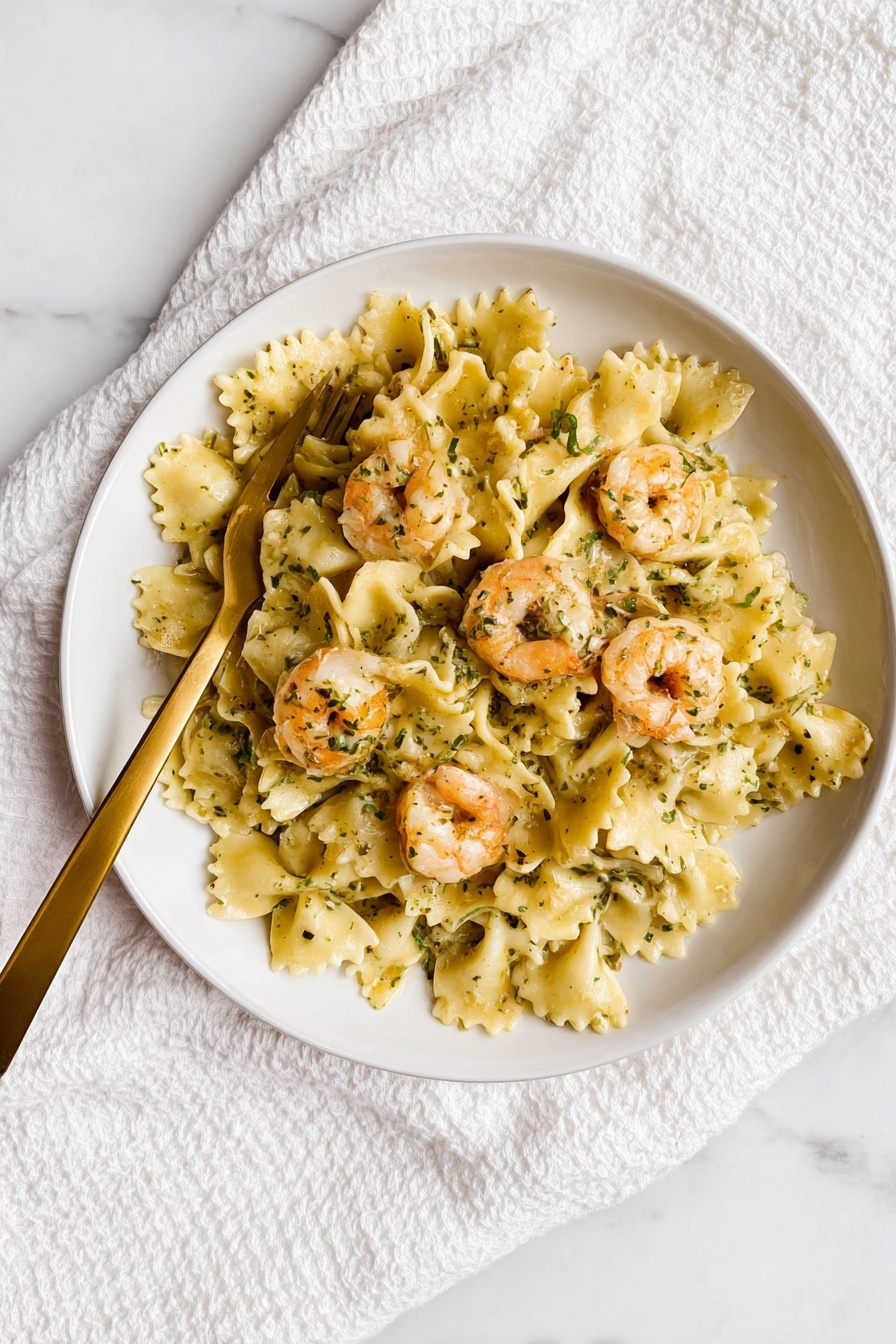 A plate of pasta with shrimp and garlic.