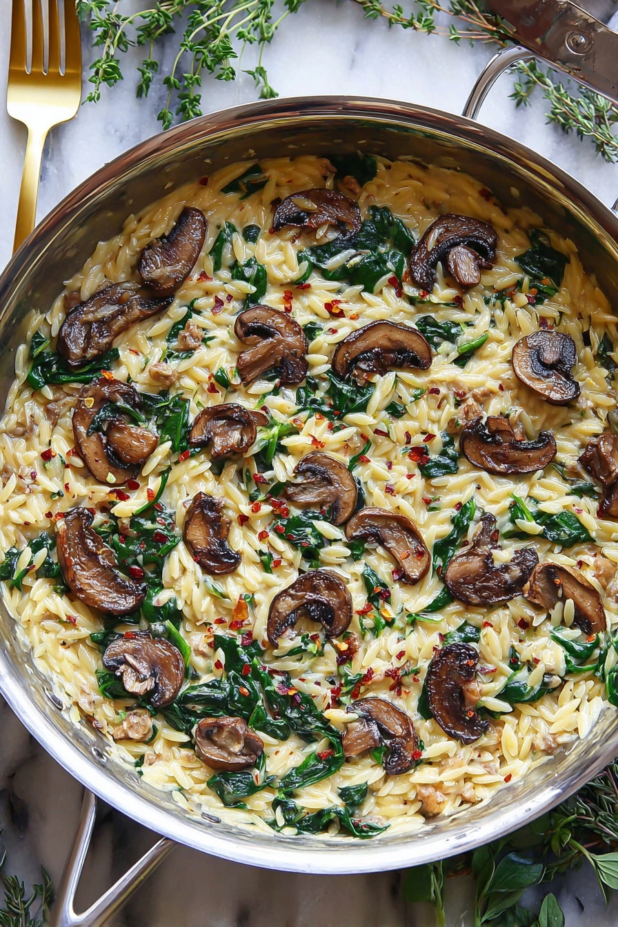 A dish of creamy spinach and mushroom orzo.