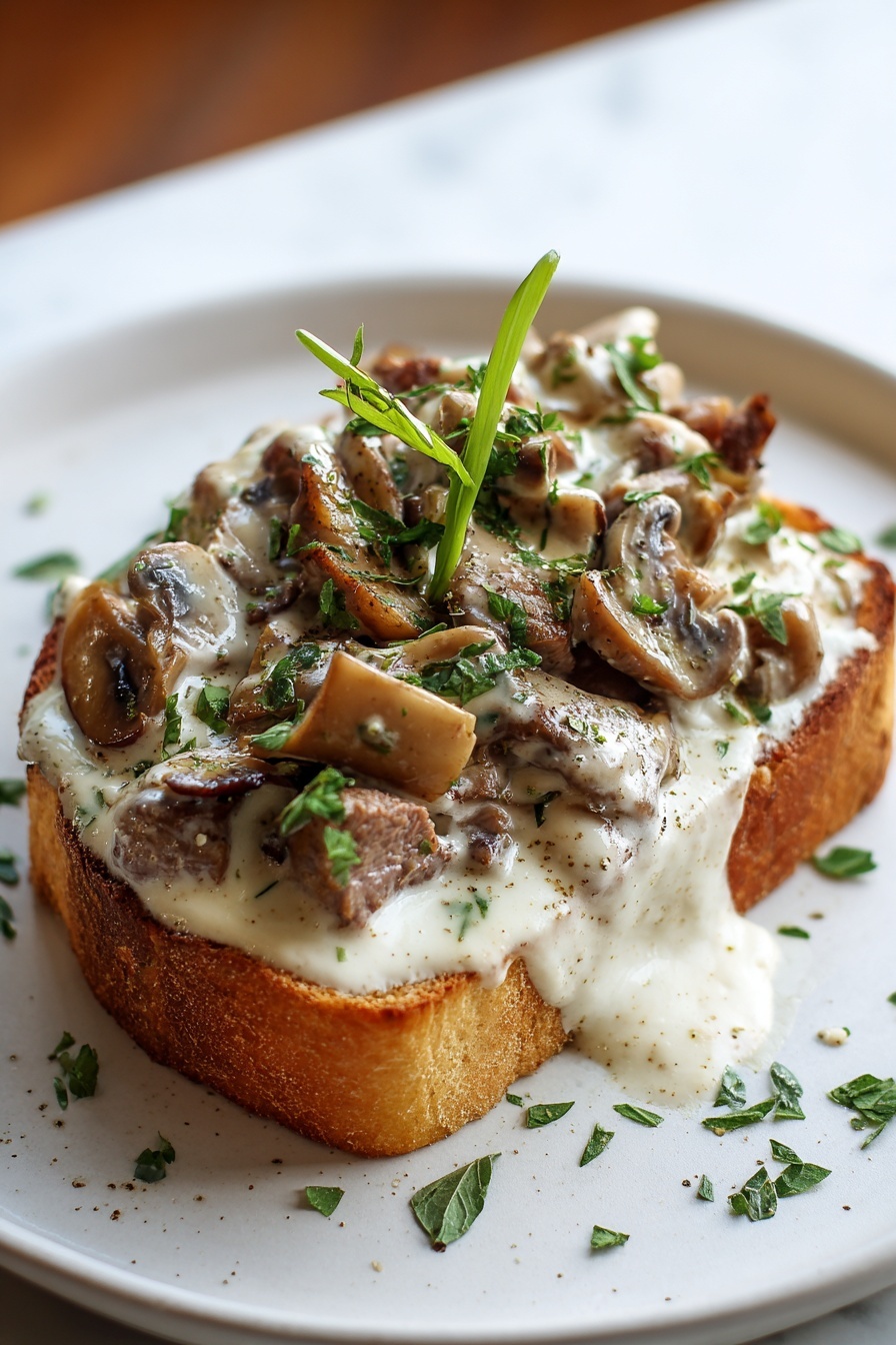 A slice of French bread toast with beef stroganoff.