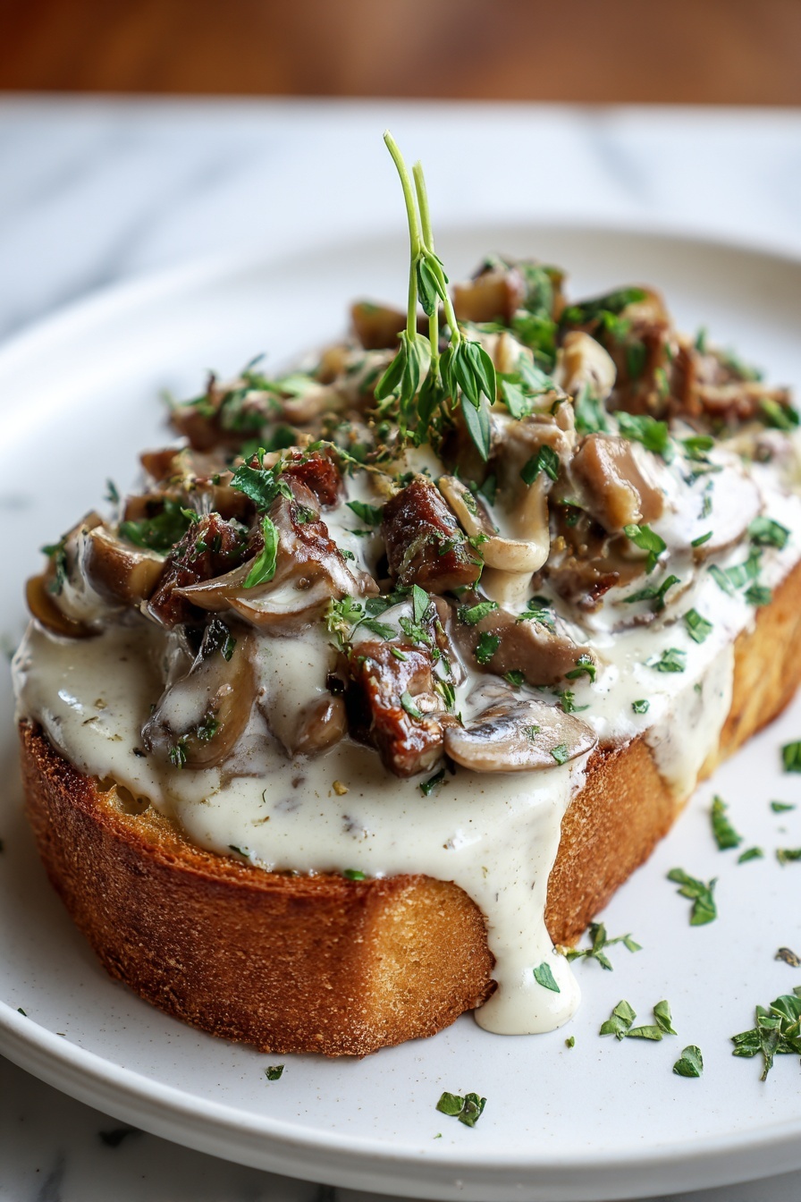 A slice of French bread toast with mushrooms and herbs.