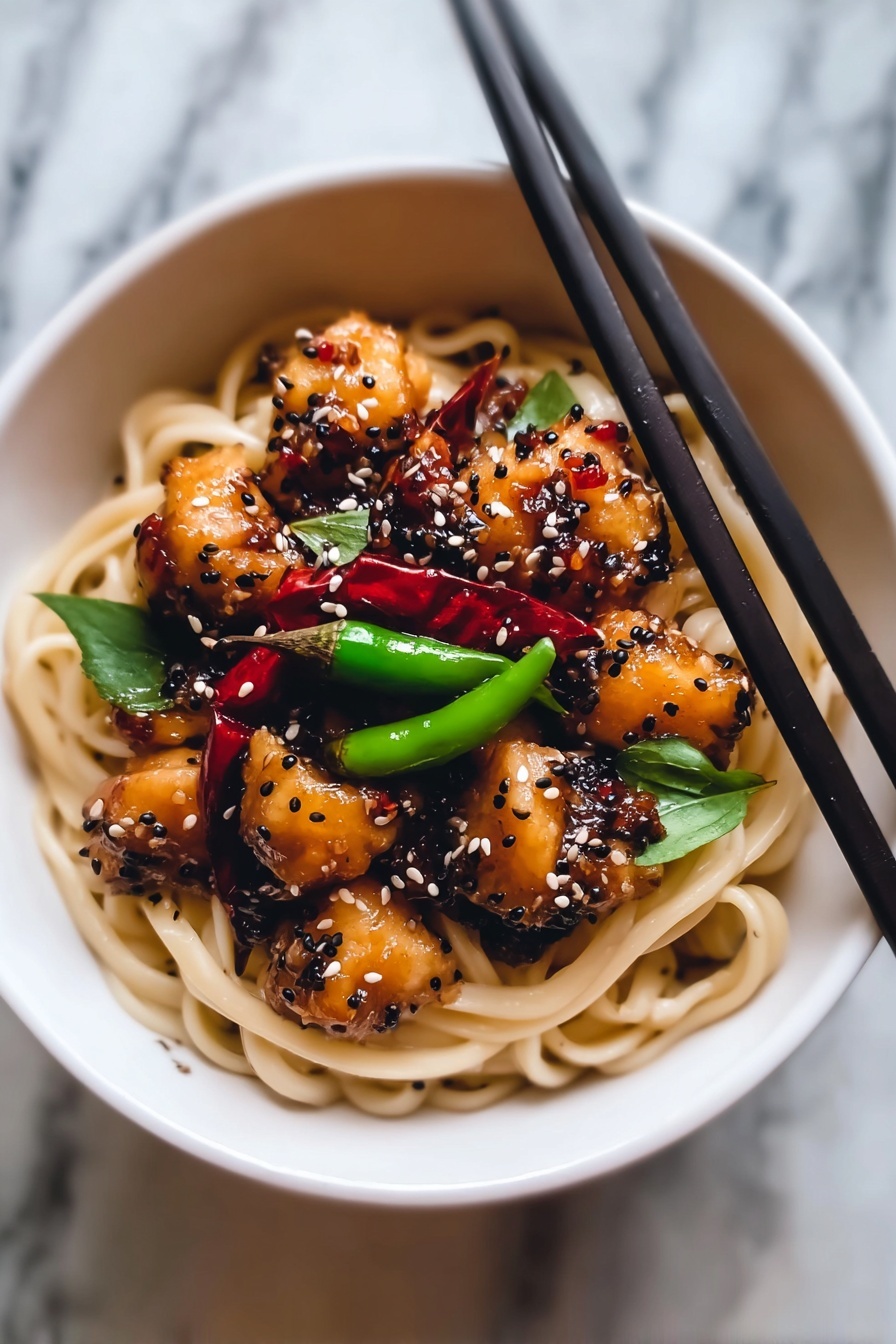 A bowl of noodles with peppers and black pepper sauce.