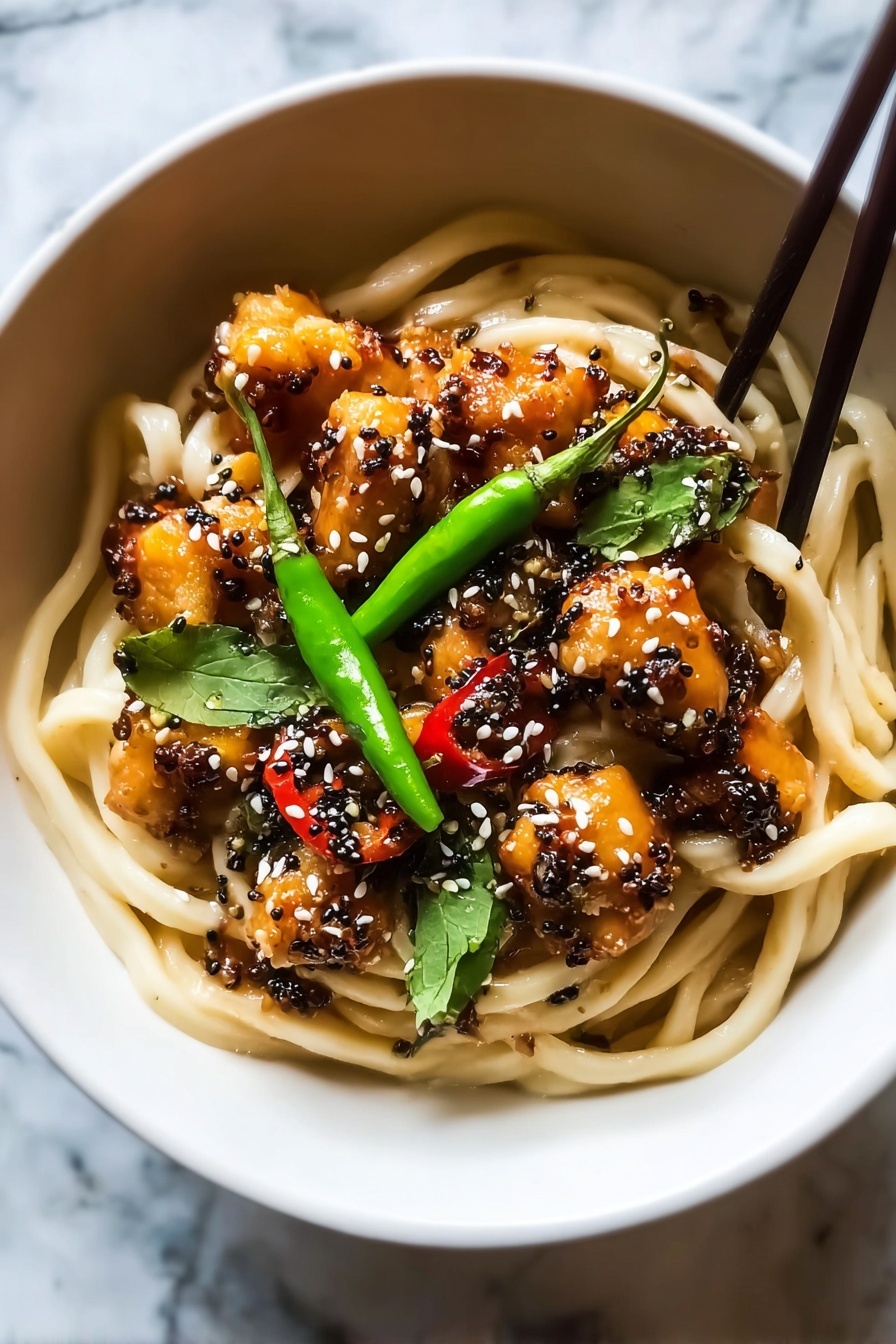 A bowl of food with noodles, chicken, and peppers.