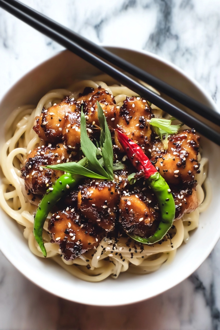 A bowl of noodles with chicken and peppers.