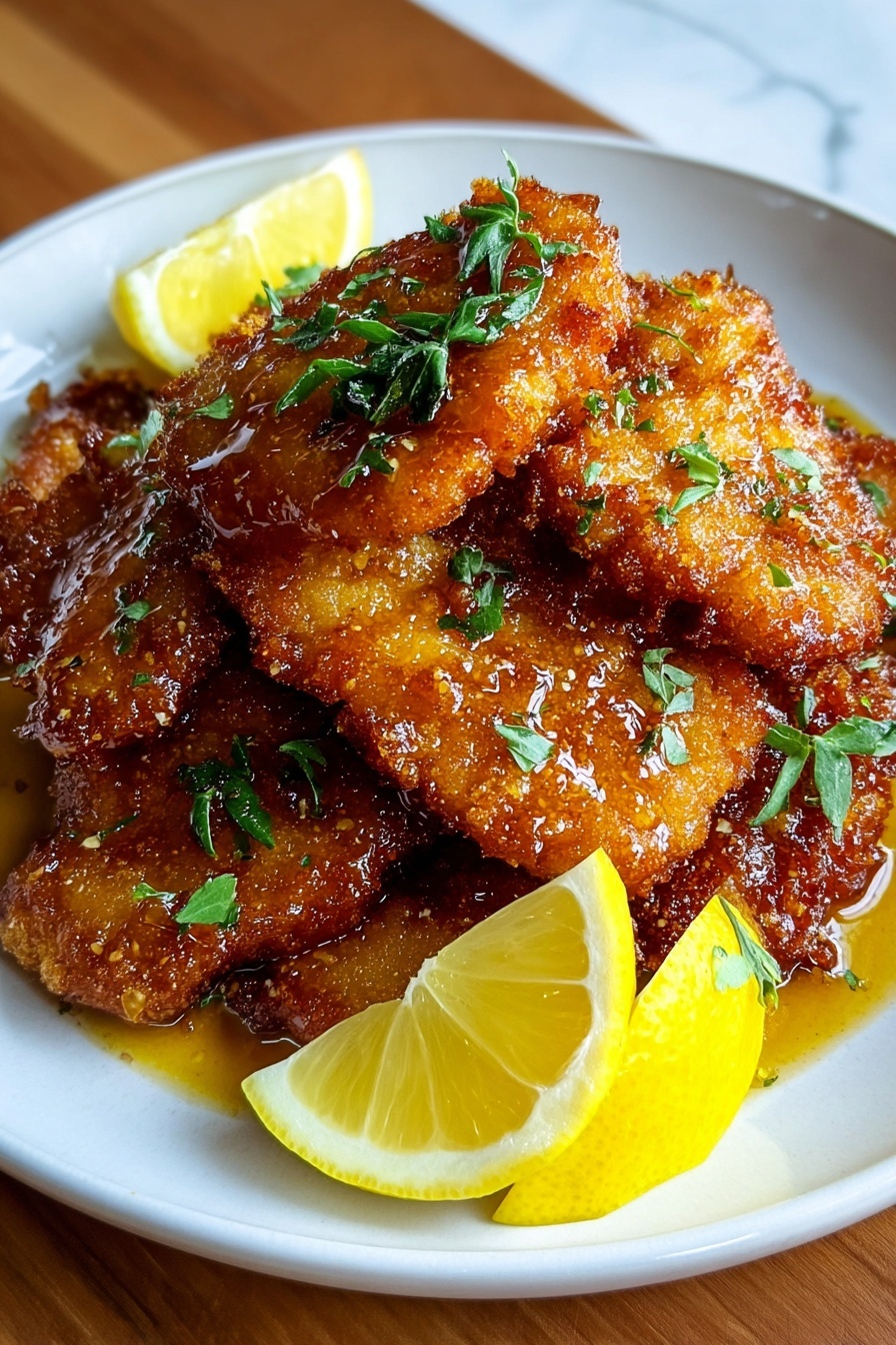 A stack of breaded meat with lemon wedges on top.