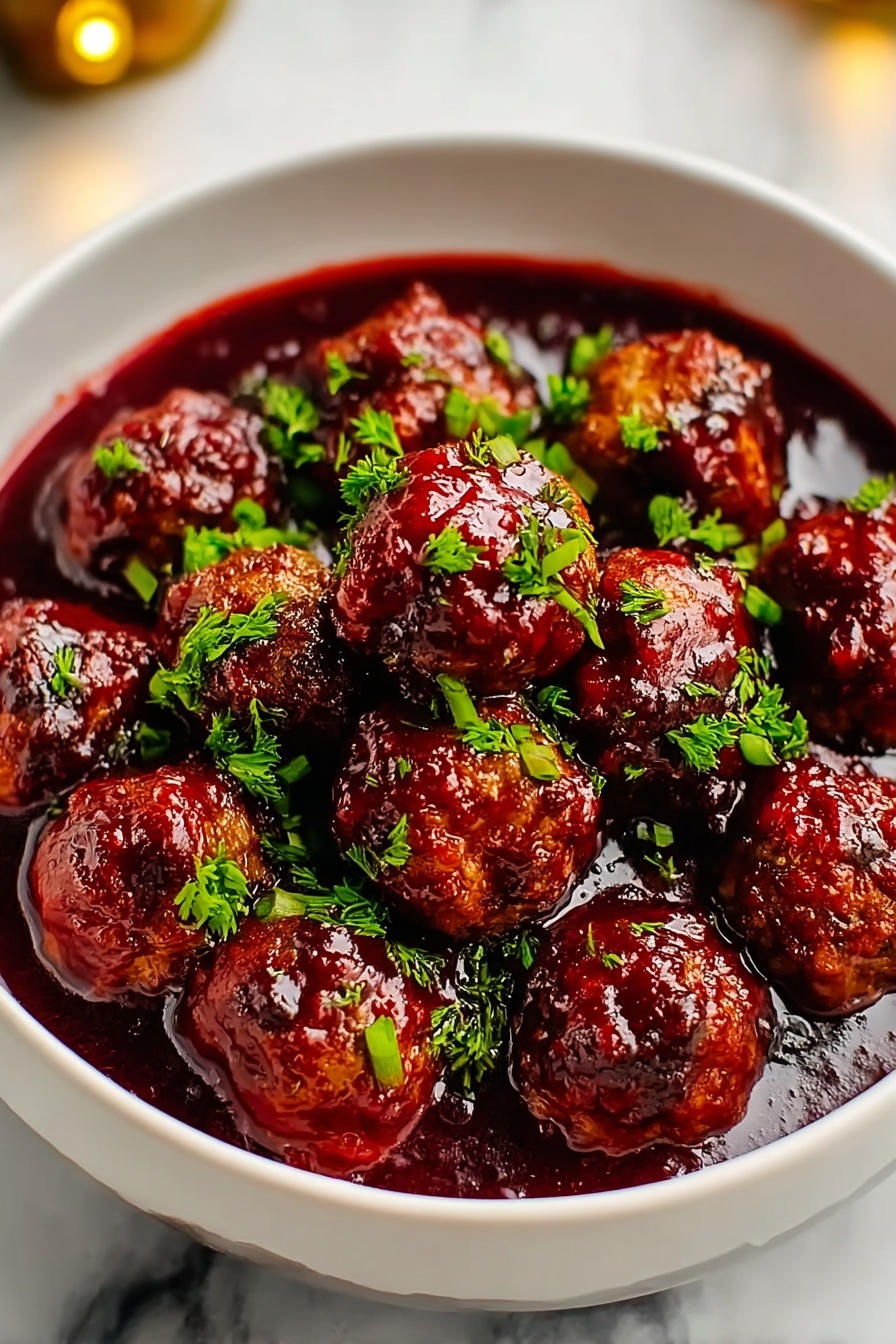 A bowl of meatballs in a cranberry sauce.