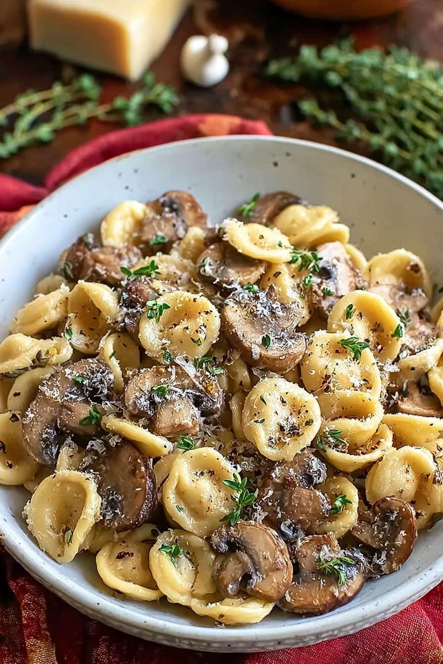 A bowl of pasta with mushrooms and cheese.