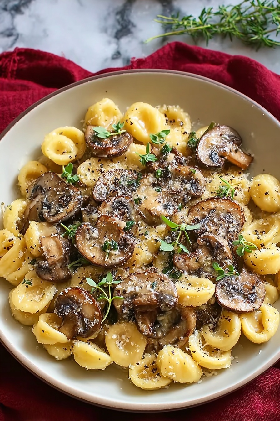 A bowl of pasta with mushrooms and cheese.