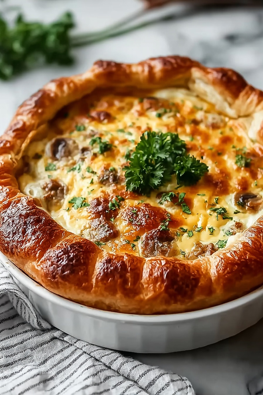 A baked dish with a green herb on top.