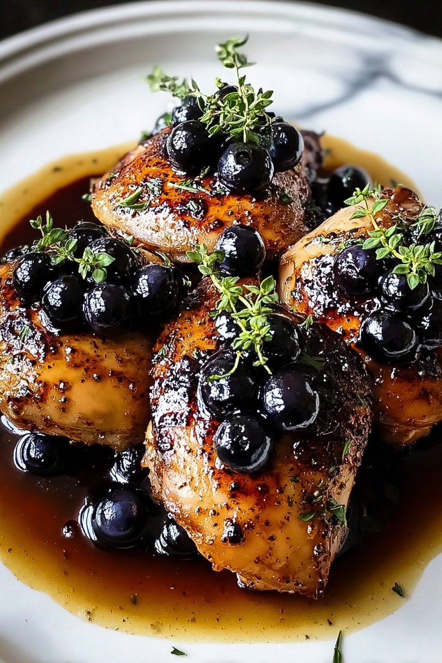A plate of chicken with blueberries and thyme.
