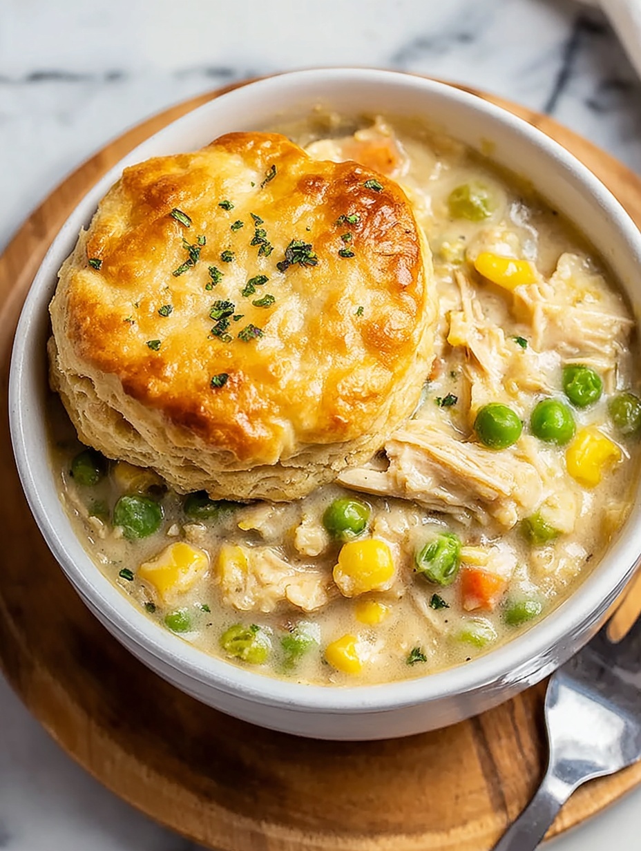 A bowl of soup with a biscuit on top.