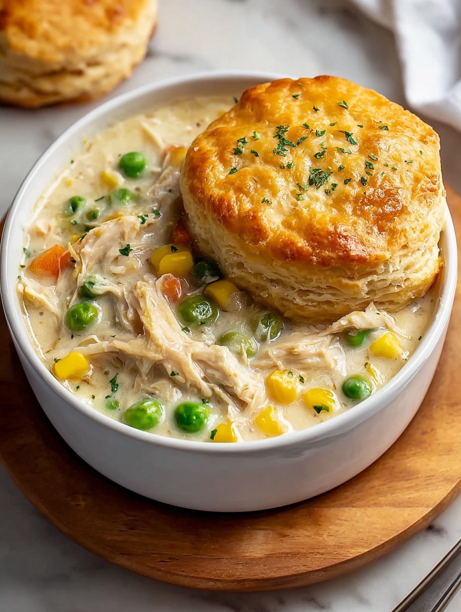 A crockpot chicken pot pie with a biscuit on top.