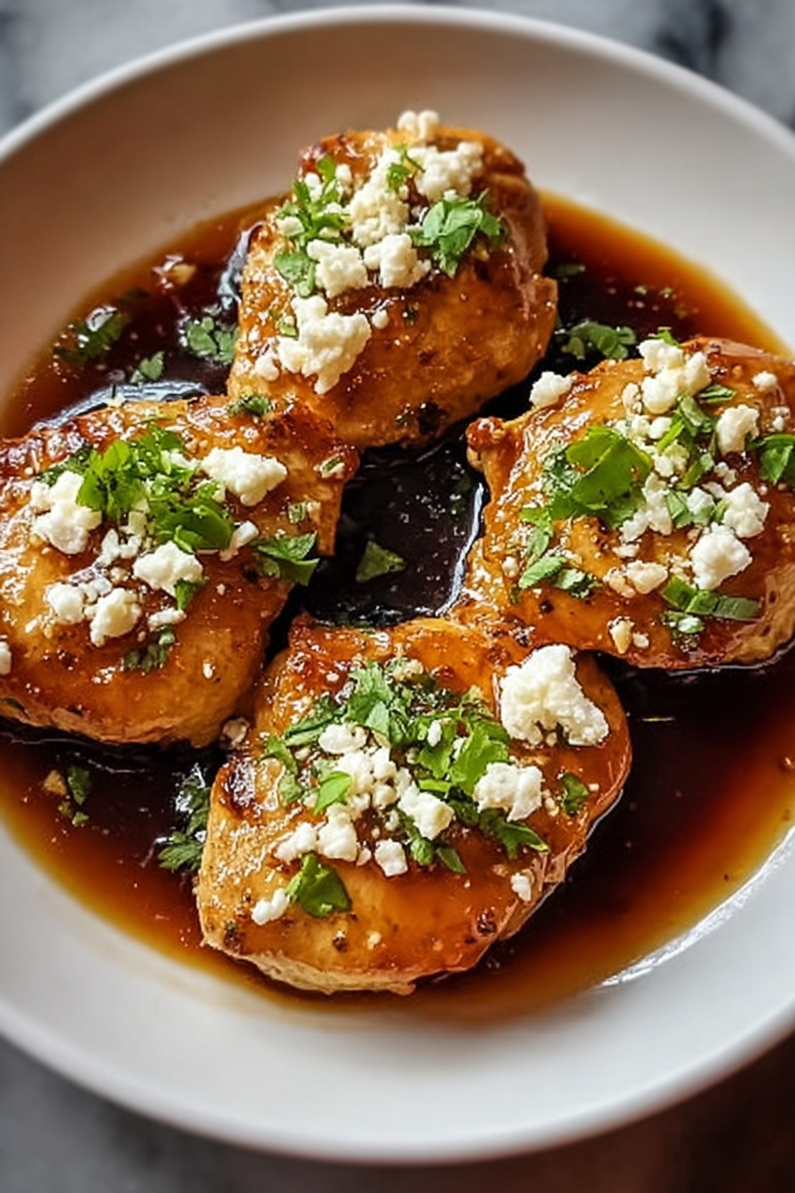 A plate of chicken with feta cheese and honey.
