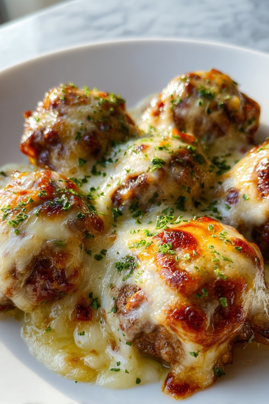A plate of meatballs covered in cheese.
