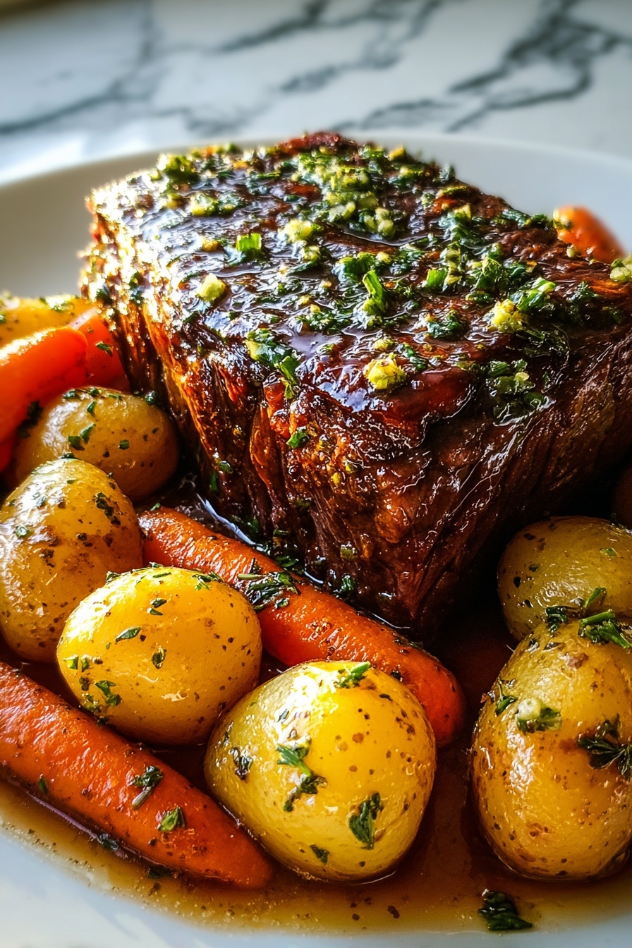 A close up of a roast with potatoes and carrots.