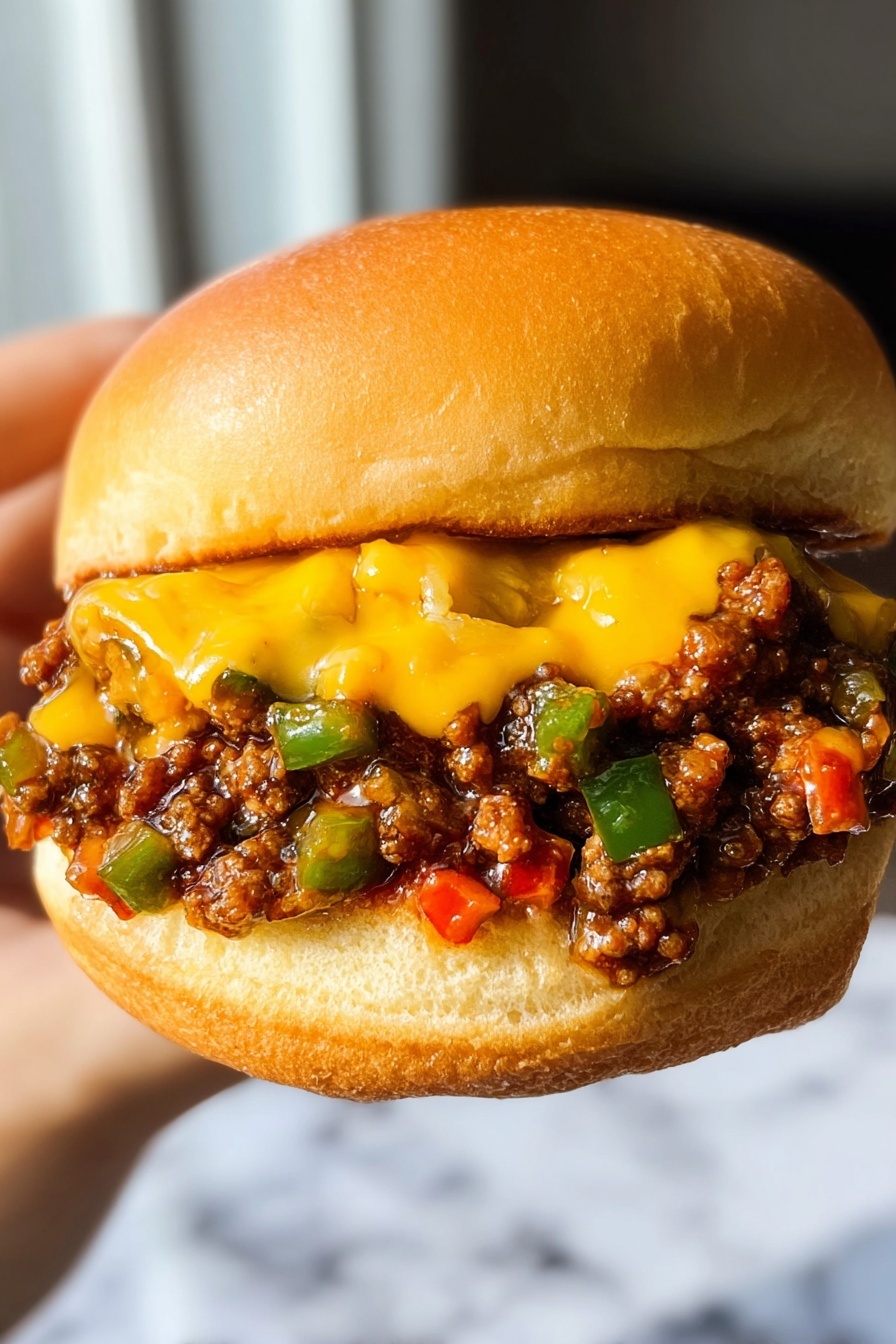 A sloppy joe burger with cheese and peppers.