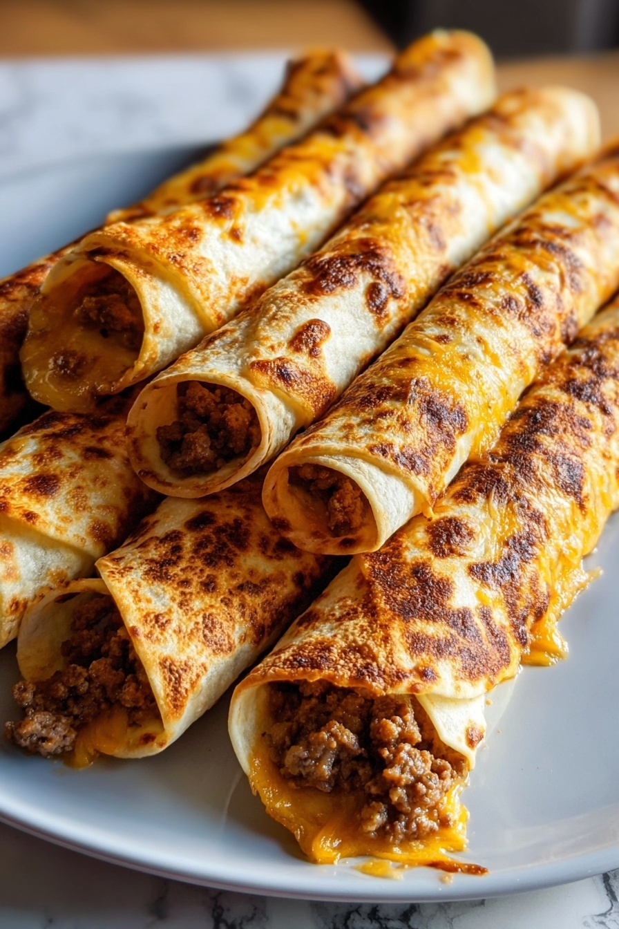 A plate of burritos with cheese and meat.