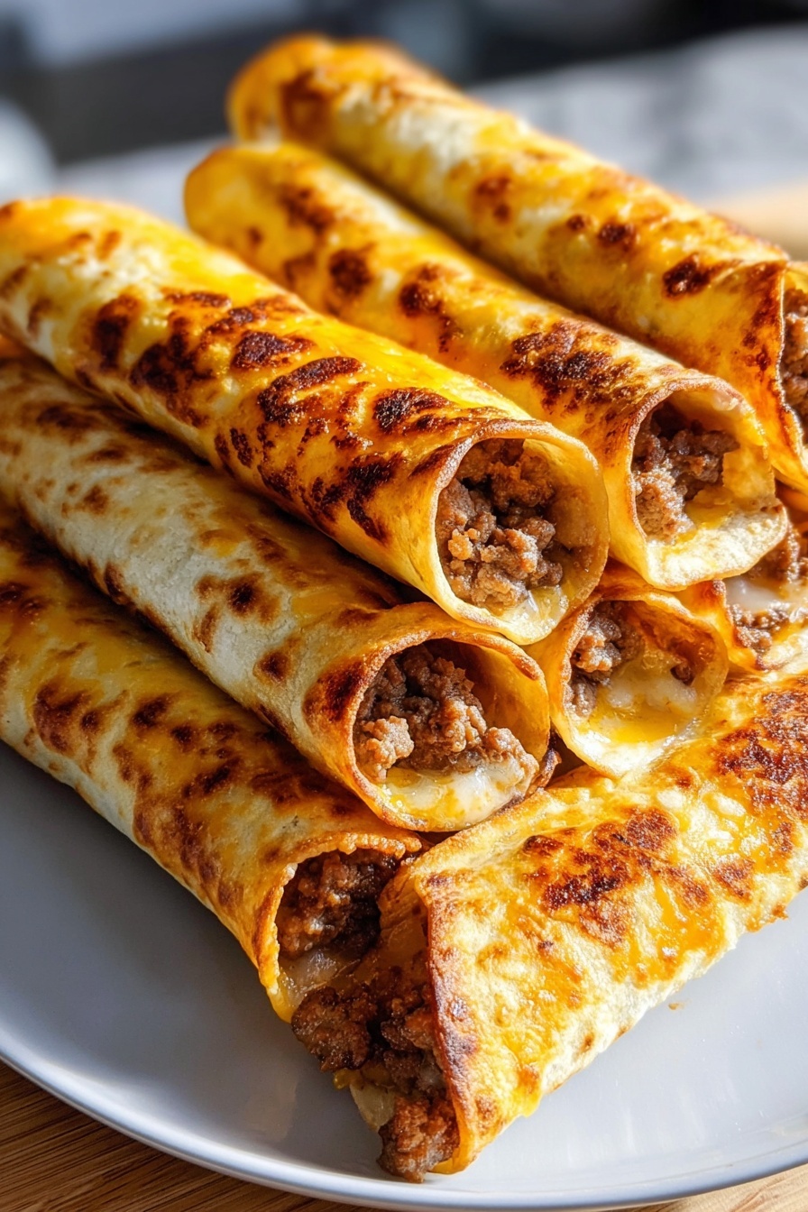 A stack of burritos with meat and cheese.