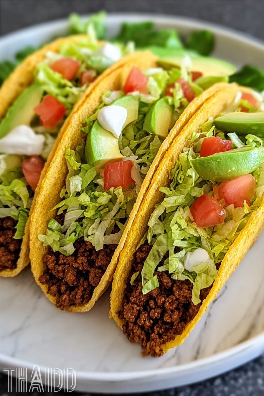 Two beef tacos with lettuce and tomato.