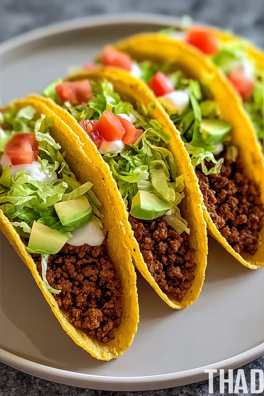 Three beef tacos with lettuce and tomatoes.
