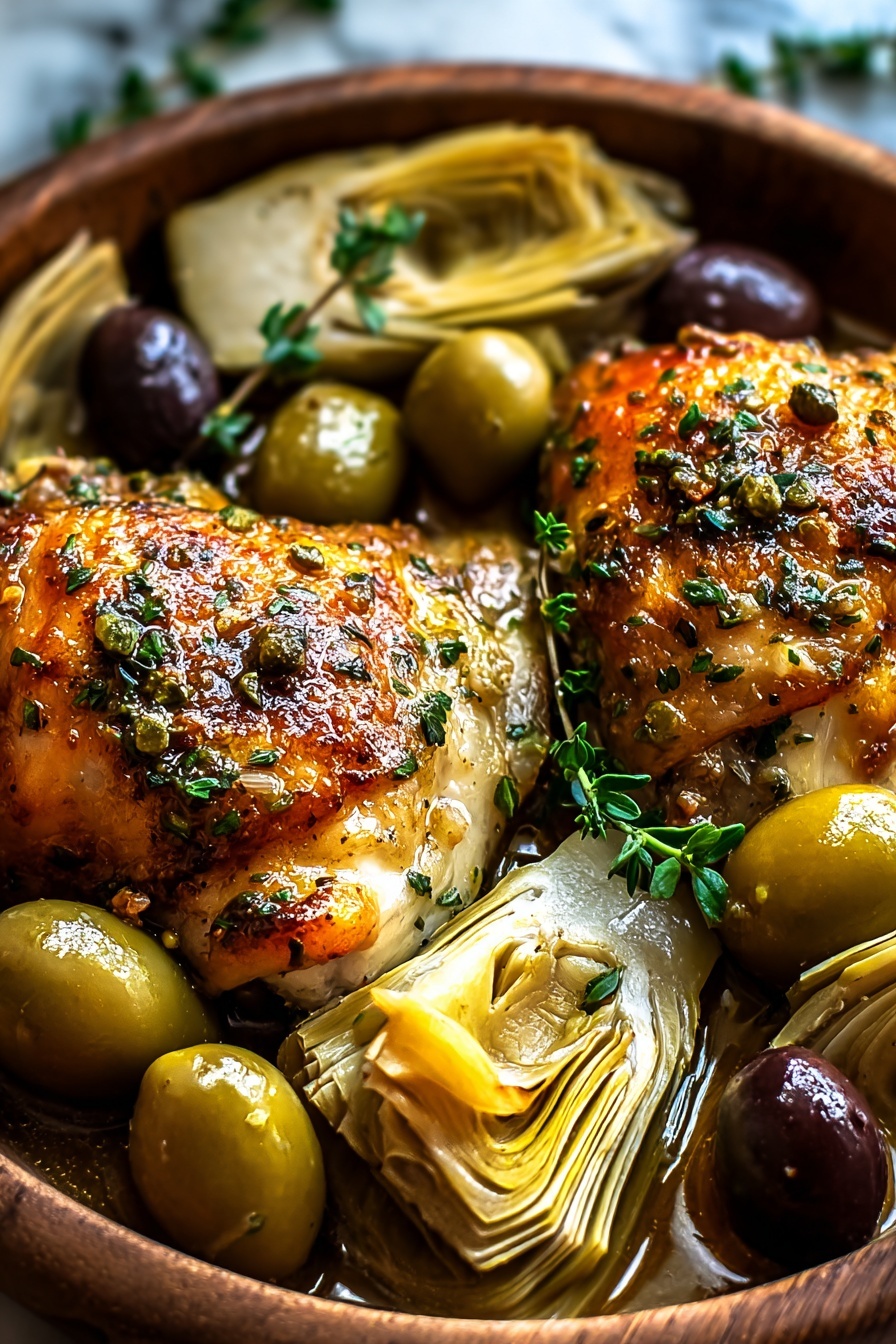 A dish of chicken with olives and herbs.
